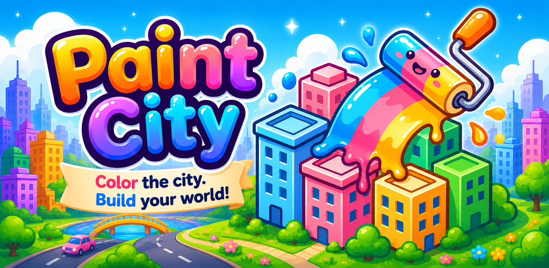 Paint City artwork showing a paint roller coloring a bright city