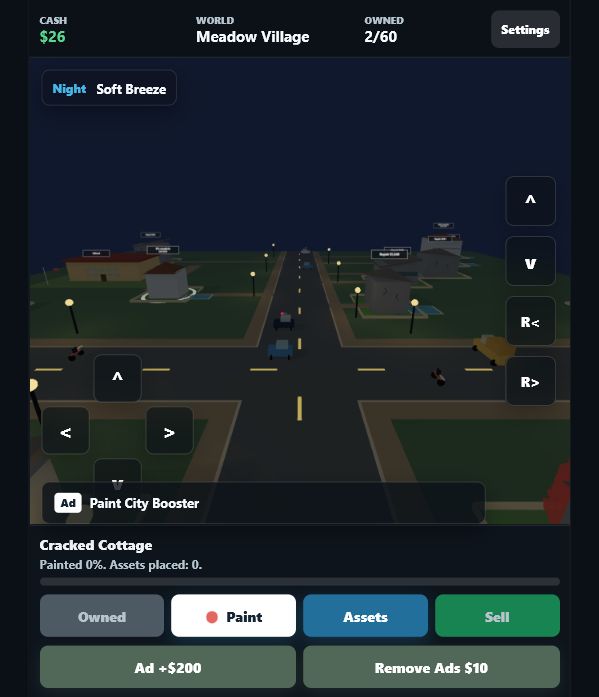 Real Paint City gameplay showing a city street, painting controls, and decorative assets